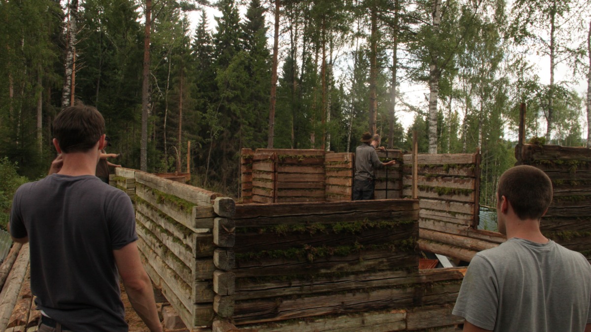 Helping to build a cabin in the woods, Sweden